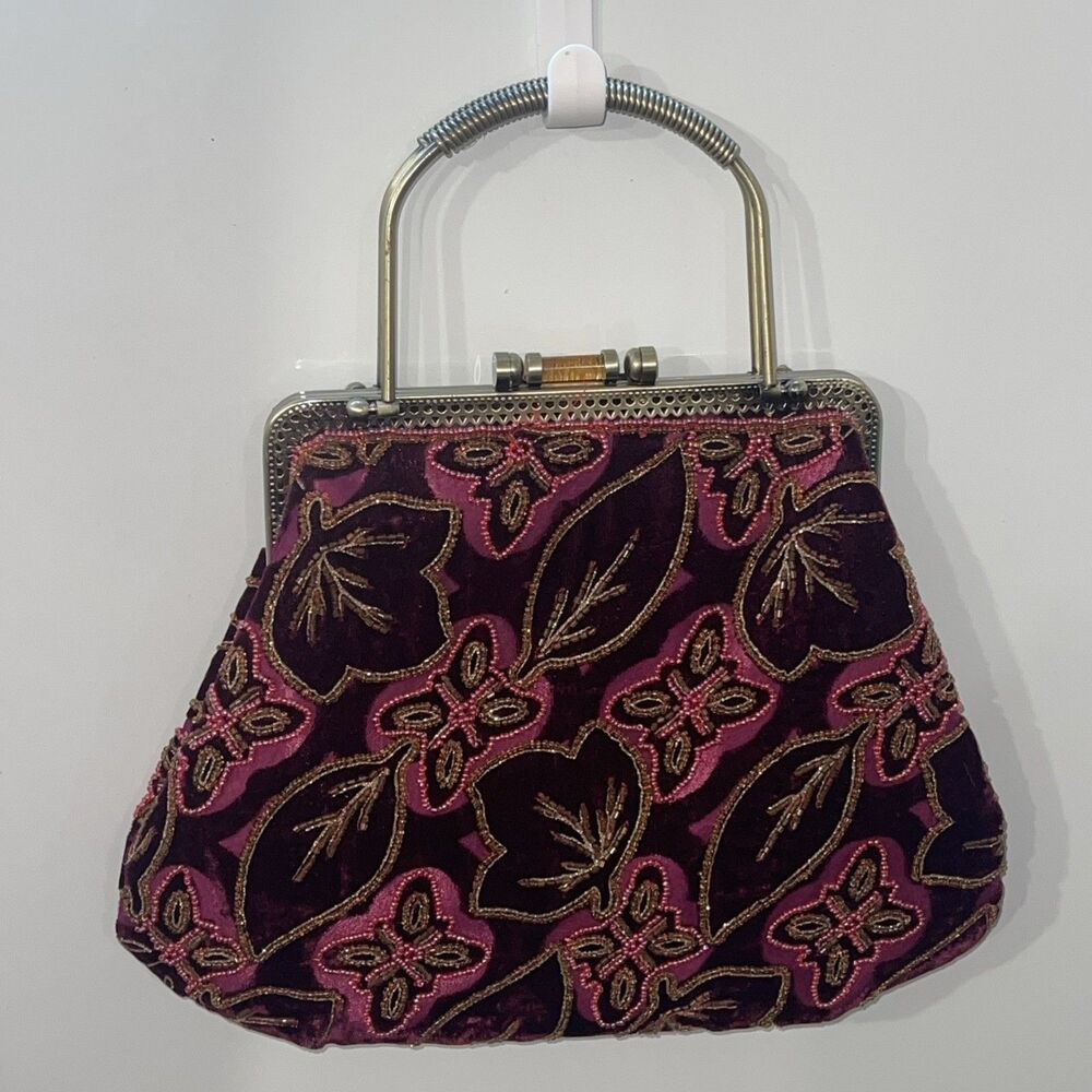 Vtg Tapestry Needlepoint Handbag Lucite Handle Floral Pattern Purse Burgundy